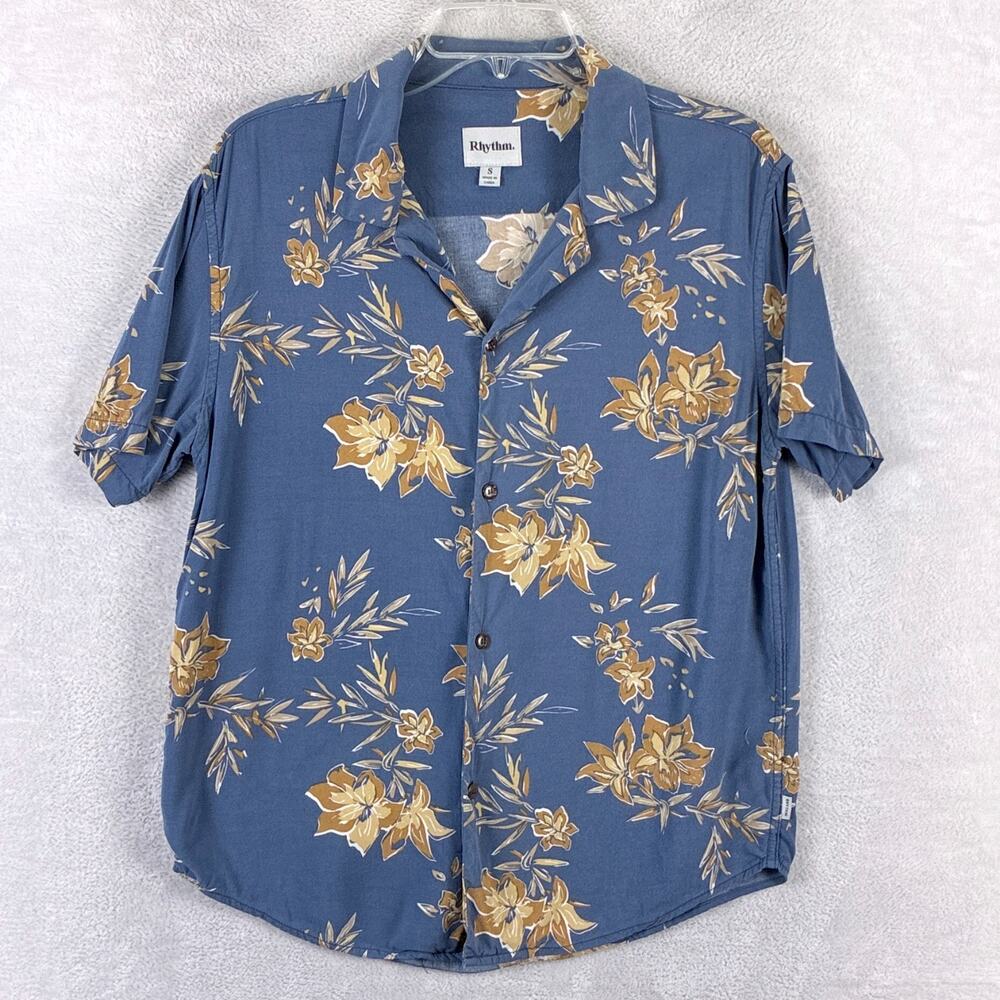 Rhythm Hawaiian Shirt Mens S Blue Yellow Floral Rayon Beach Tiki Aloha Huckberry